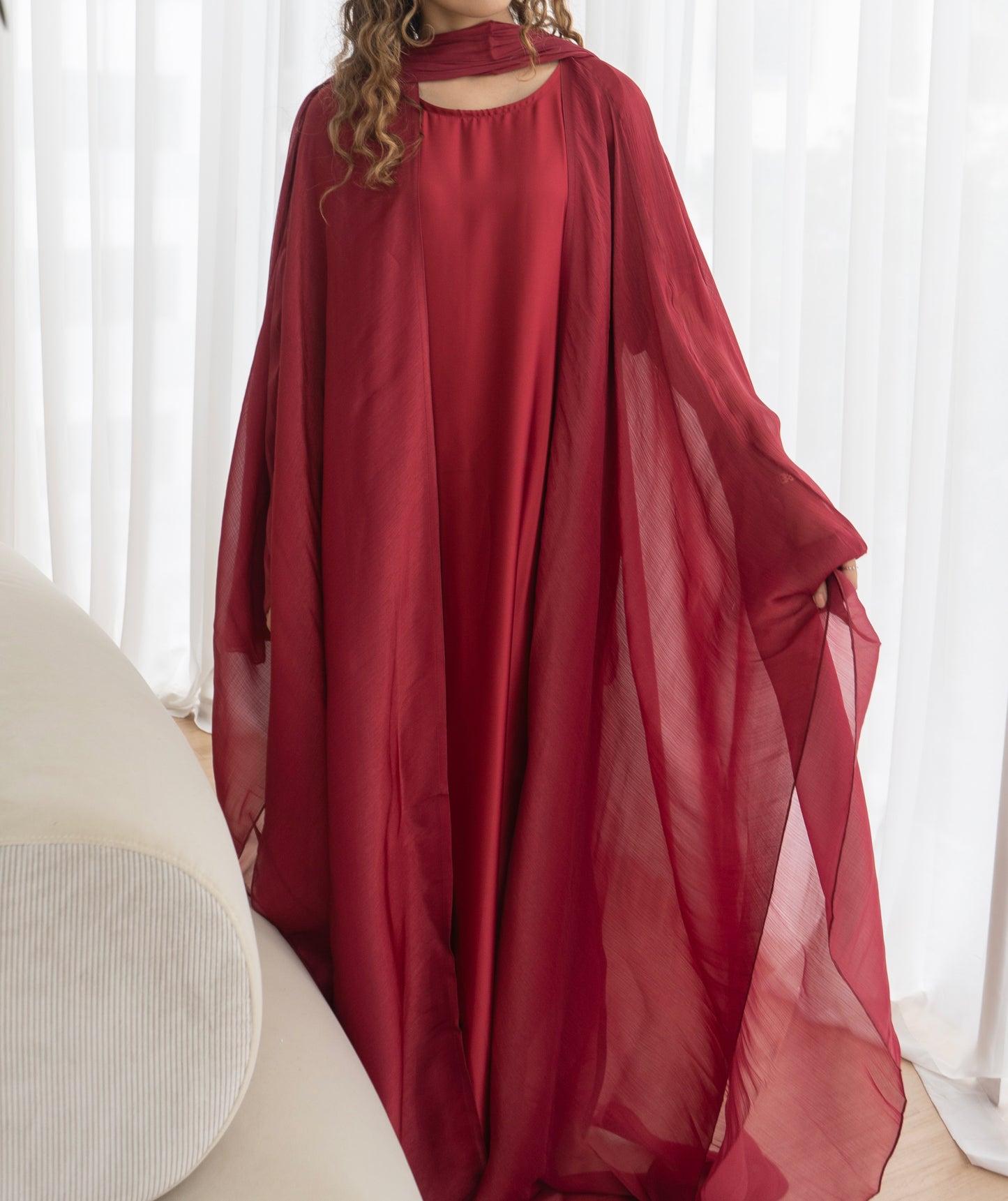 Athená Kaftan Set — Berry Red (Organza, Silk & Modal)