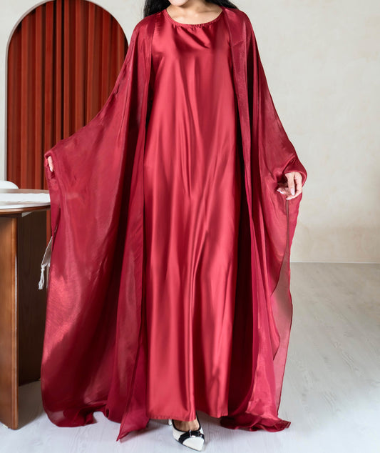 Athená Kaftan Set — Berry Red (Organza, Silk & Modal)