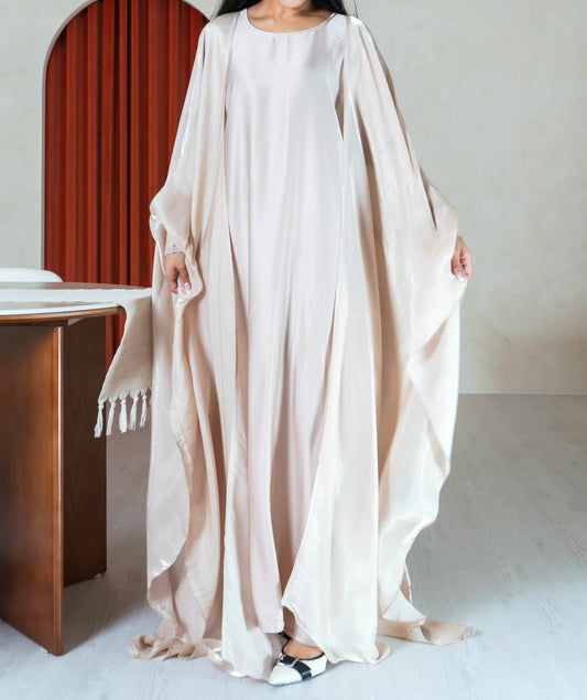 Athená Kaftan Set — Champagne Beige (Organza, Silk & Modal)
