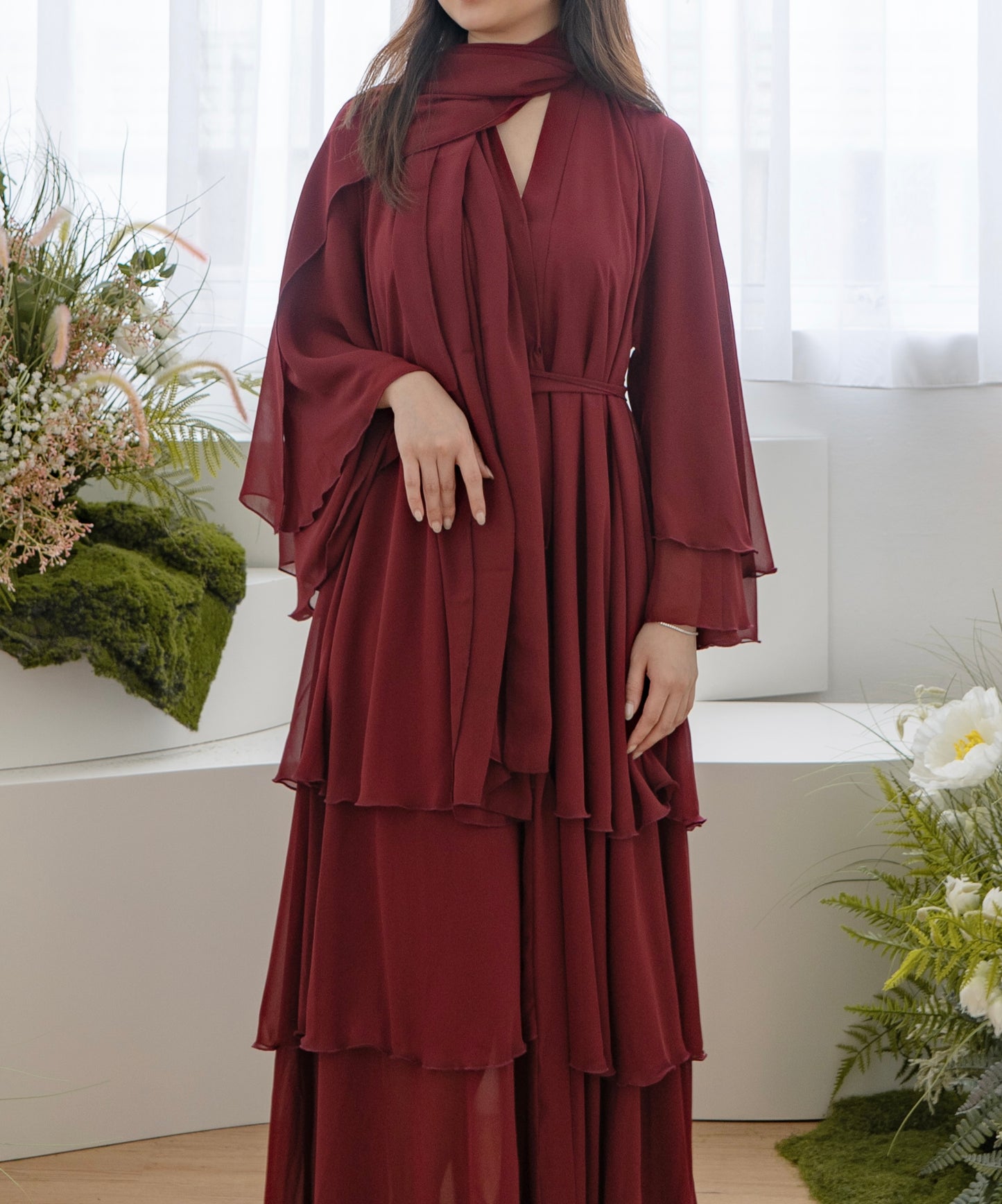 Enchanté Abaya Set — Burgundy Wine (Chiffon)